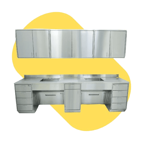 Stainless steel kitchen cabinets with multiple doors and drawers, inspired by distillery laboratory design, set against a yellow abstract background.