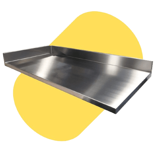 Stainless steel rectangular tray with raised edges on three sides, set against a yellow backdrop reminiscent of durable phenolic resin lab countertops.