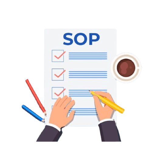 Hands holding a yellow pen marking a checklist on a document labeled SOP with blue text. Two pens—a red and a blue—lie nearby, amidst the essentials for upgrading your wine chemistry laboratory. A cup of coffee is placed at the top right corner, providing fuel for optimal performance.