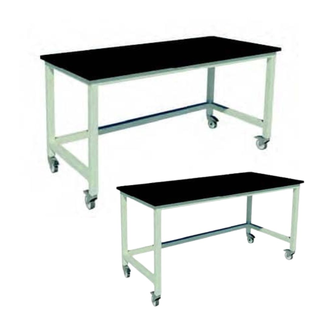 Two custom lab tables in different sizes with black work tops and painted steel frames on locking casters