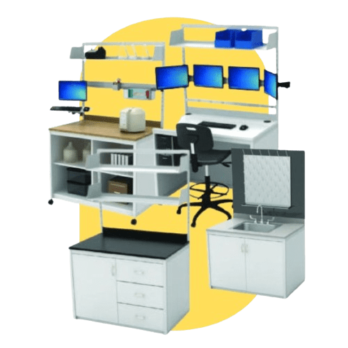 A modular workstation setup featuring wall-mounted computer monitors, shelves with storage boxes, and small lab benches paired with a desk and chair. The phenolic countertop extends to a sink with a cabinet. All set against a yellow circle backdrop.