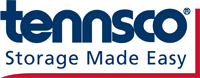 The logo of Tennsco features the text Storage Made Easy beneath. The word tennsco is stylized in lowercase blue letters with a red underline partially covering it, hinting at their expertise in metal shelving solutions.