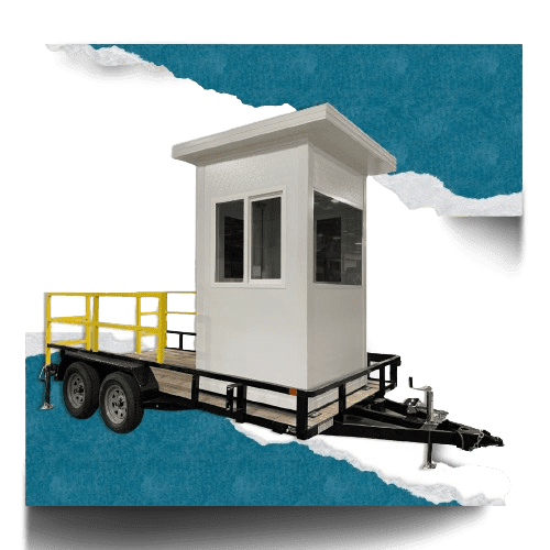 White steel ticket booth mounted on a tandem-axle utility trailer