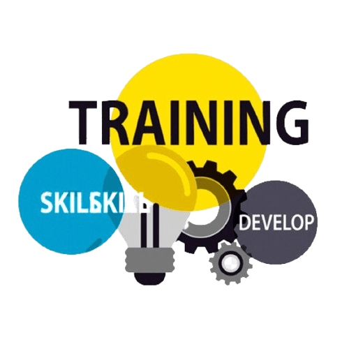 Illustration with TRAINING in bold above colorful shapes, including a blue circle with SKILL, a light bulb, and a black gear labeled DEVELOP. The design echoes concepts of growth and skill-building akin to optimizing lab layout for enhanced sample processing efficiency.