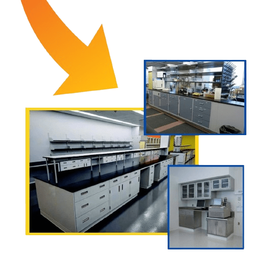 Collage of three images of modern laboratory interiors featuring workspaces, shelving, and cabinets. A large orange arrow points towards them, highlighting lab renovation services ideal for process research labs.