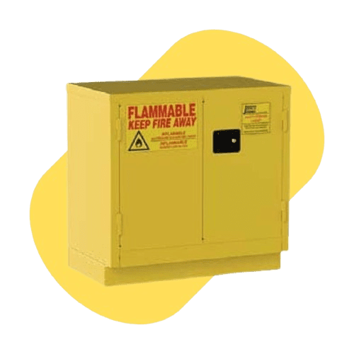 A yellow industrial safety cabinet with a warning label, Flammable Keep Fire Away, complements a meticulously designed lab space. The two-door cabinet is set against a rounded yellow background, ensuring seamless integration with the quality lab design.