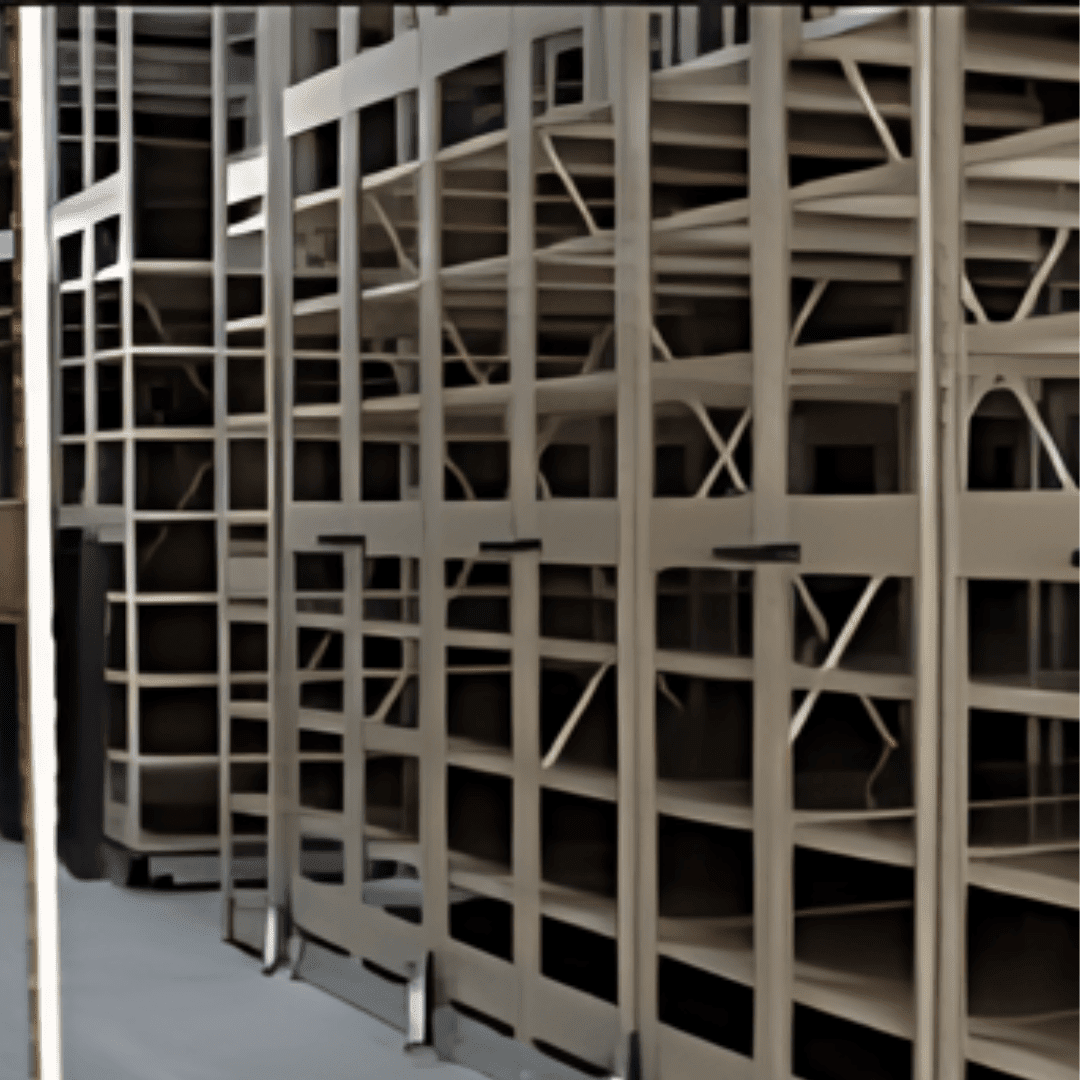 Empty industrial shelving units in a warehouse setting, reminiscent of retail stockroom shelving, with tall metal racks lined up in rows, casting shadows on the gray concrete floor. The unoccupied shelves stretch into the distance.