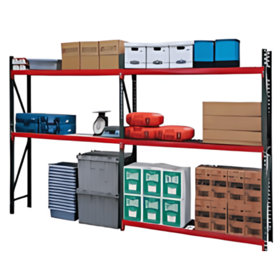 A metal shelving unit with three levels efficiently holds retail stockroom items, including cardboard boxes, storage bins, folded textiles, a scale, and binders. The shelves feature red supports, ensuring the unit remains well-organized.