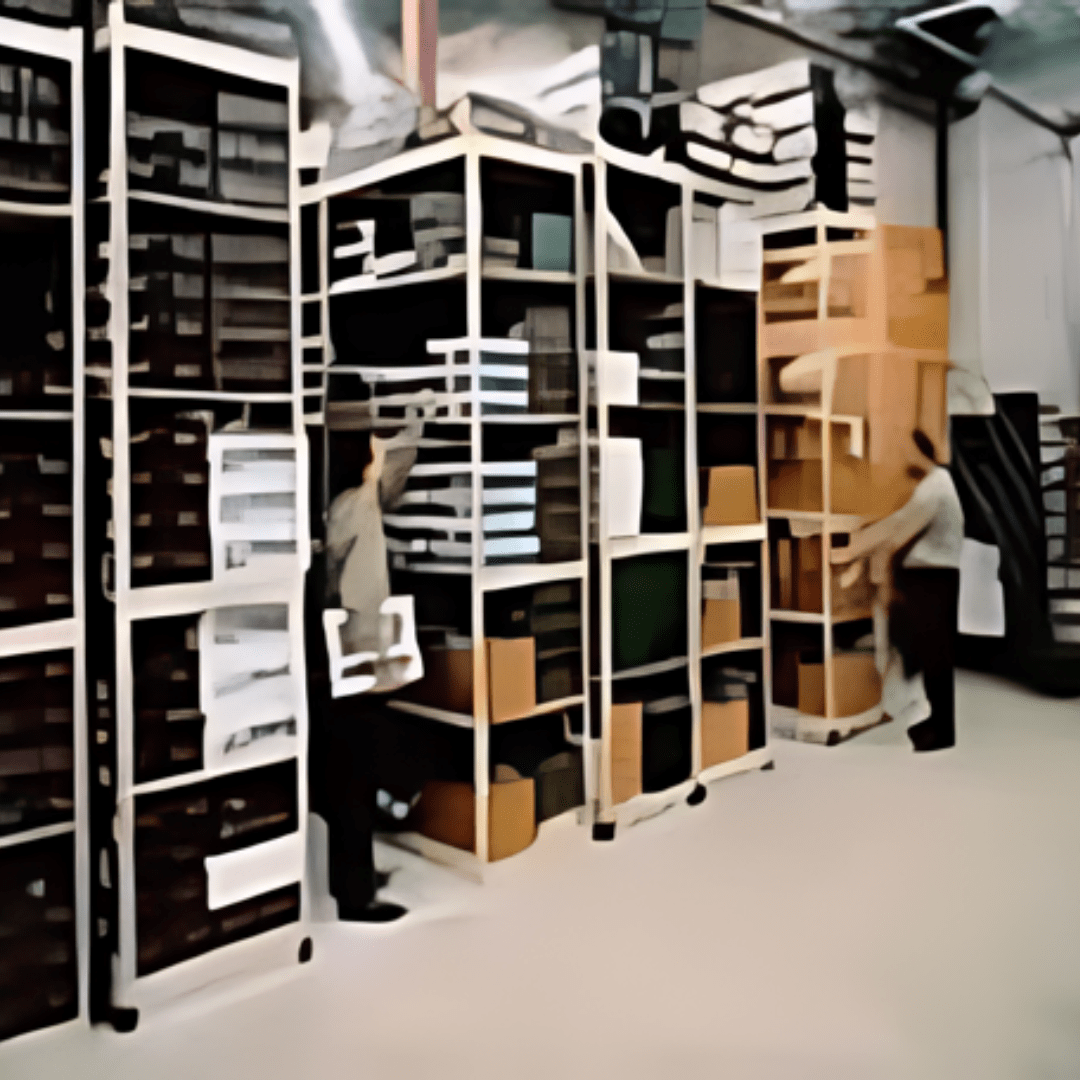 A spacious, well-lit storage room features retail stockroom shelving, with shelves filled to the brim. Two people methodically organize an array of boxes, papers, and other storage containers, ensuring everything finds its perfect place.