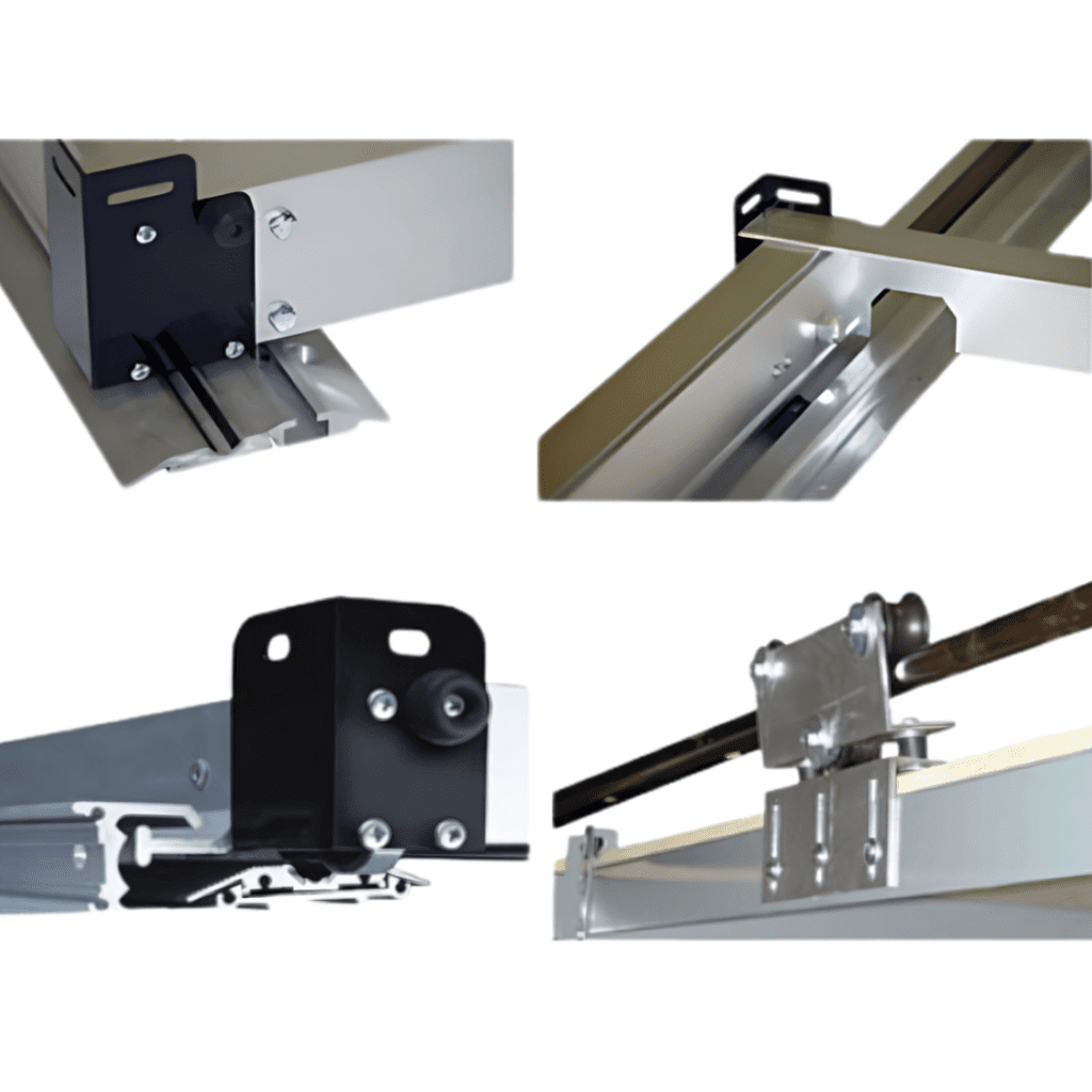 Collage of four metal bracket images displaying various angles and constructions. The brackets, an essential part of Pipp Mobile Storage Systems, feature black components, bolts, and metal tracks. They showcase industrial design elements ideal for structural support or mechanical installations.