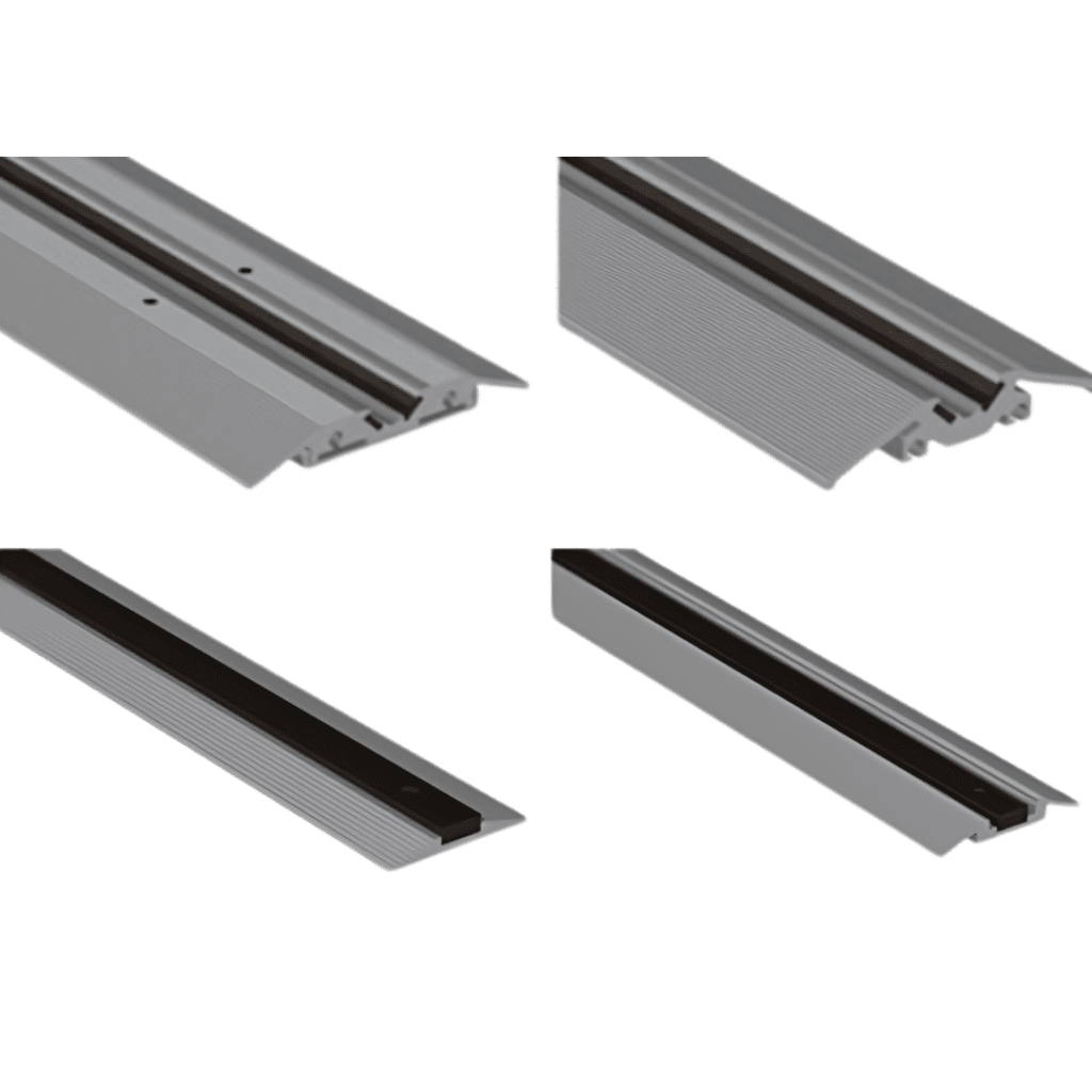 Four gray metal components with grooves, arranged in pairs. Each pair presents two different views of a piece, showcasing ridges and indents. These pieces seem to be integral parts of a Pipp Mobile Storage Systems setup, essential for efficient mechanical or construction applications.