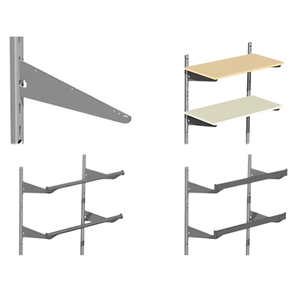 A diagram illustrating Pipp Mobile Storage Systems wall-mounted shelf brackets. The image shows steps to install two shelves: a single bracket, two individual brackets with wooden shelves, and the completed setup with two shelves supported by four brackets.