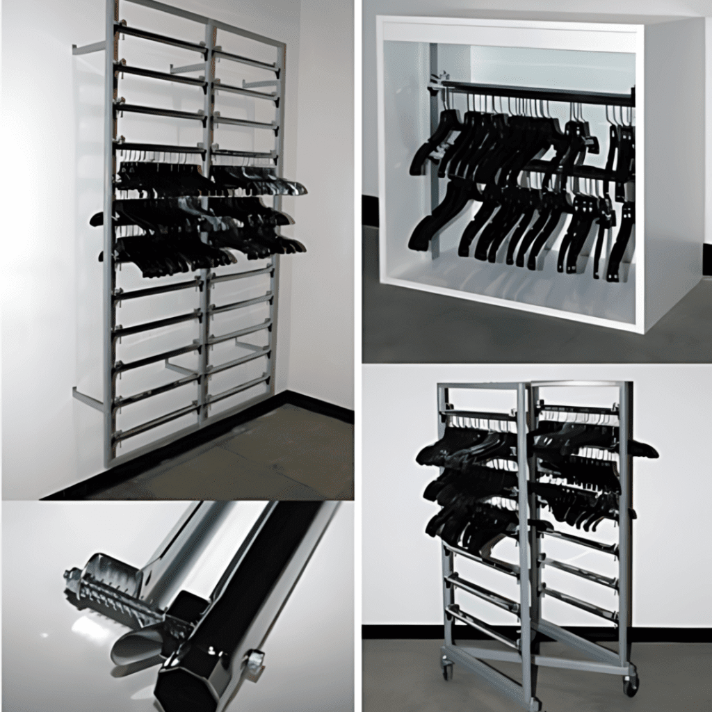 Collage of images showing a metal clothes rack from Pipp Mobile Storage Systems with multiple tiers of black hangers against a white wall. One close-up displays the mechanism, while another shows the rack on wheels. A different angle captures it inside a white box frame.