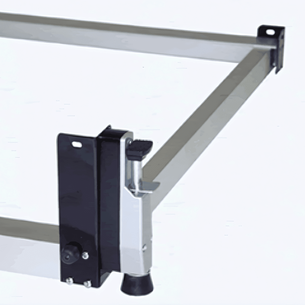 Close-up view of a metal and black plastic adjustable clamp mounted on a rectangular aluminum frame, often used in Pipp Mobile Storage Systems. The clamp features a sliding mechanism with a screw adjustment knob and a rubber foot for grip or protection.