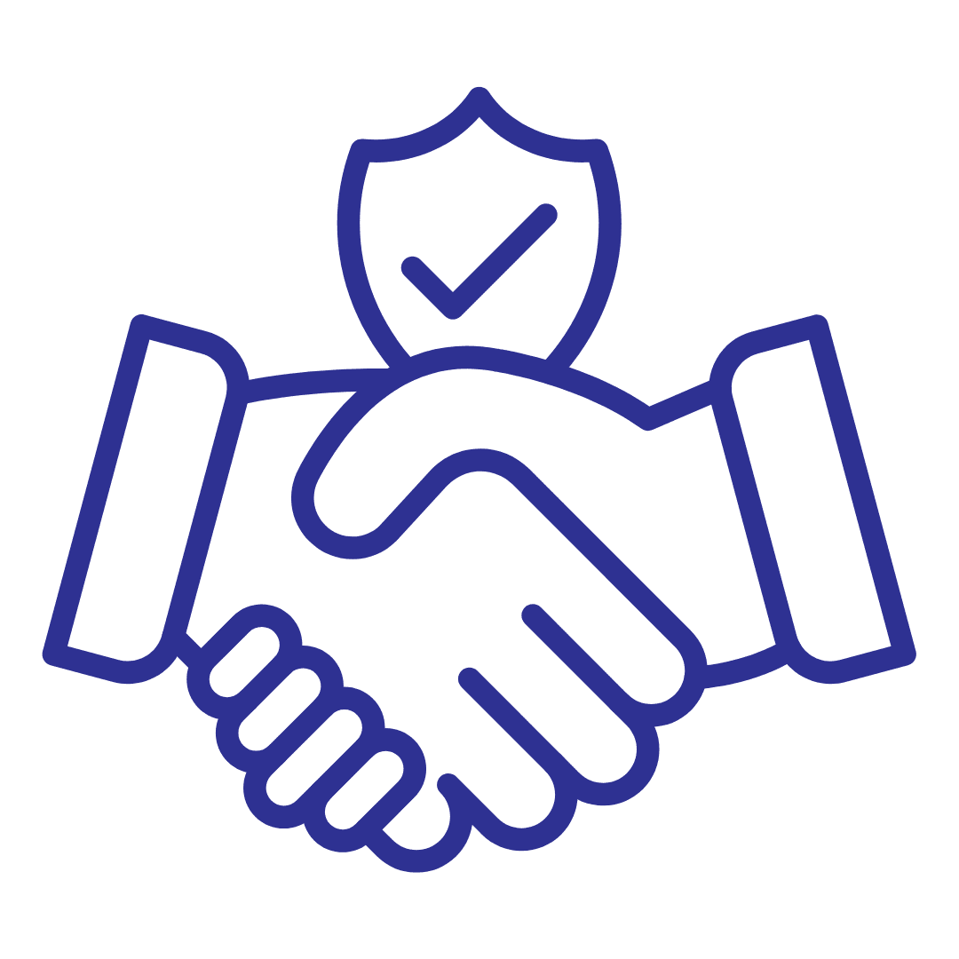 A blue, outlined icon of two hands shaking, with a shield and check mark above them, symbolizing trust or agreement—much like the reliable performance you can expect from high-quality carpet machines.