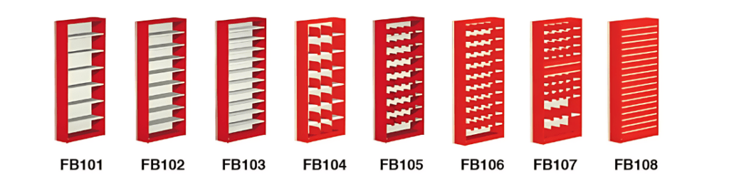 Image of eight Borroughs Flexi-Bins, labeled FB101 to FB108. Each red shelf unit showcases unique interior designs, with shelving patterns ranging from standard to staggered, jagged, and slotted arrangements.