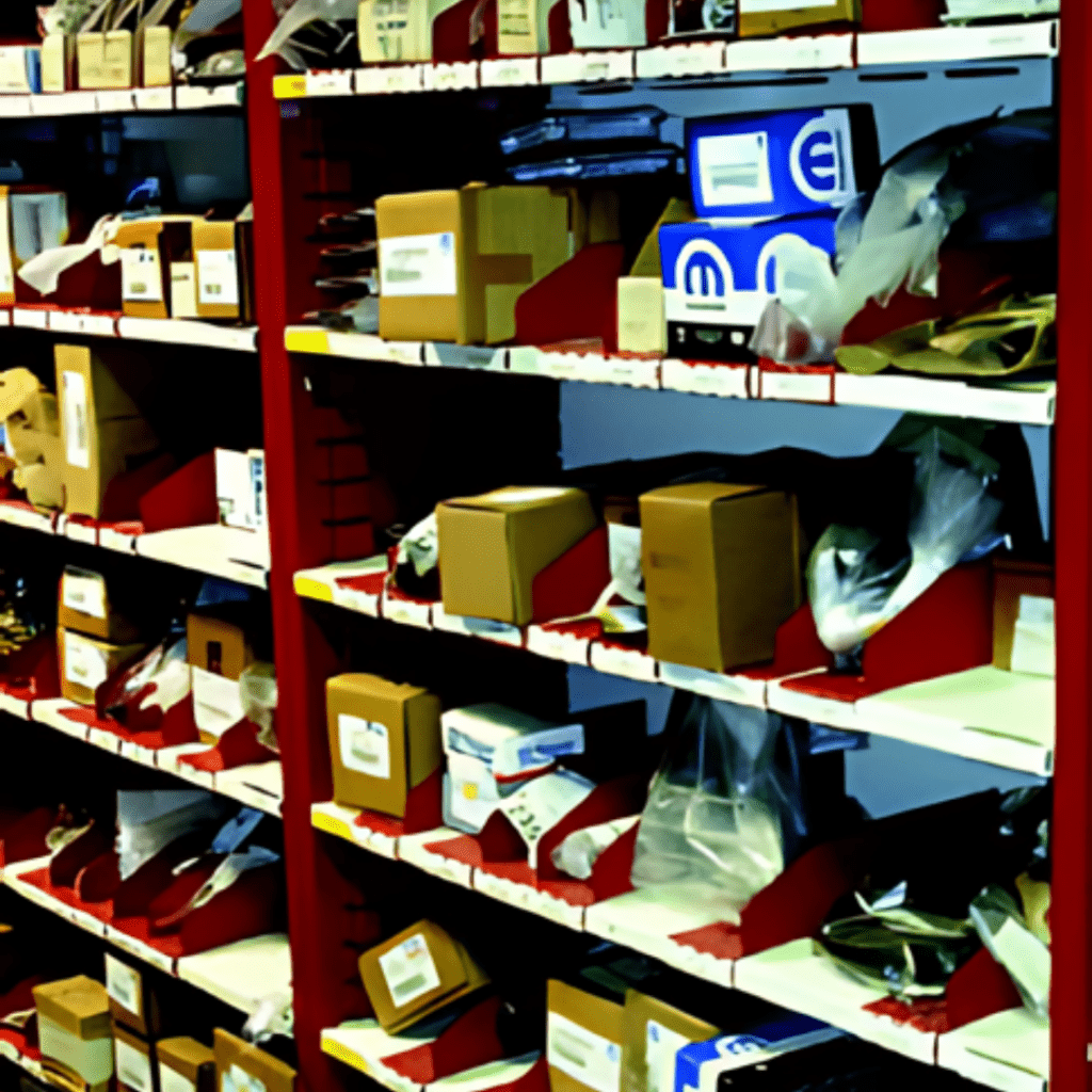 Shelves filled with Borroughs Flexi-Bins and various boxed items line the storage room. The labeled packages are neatly organized, some displaying their branding. With red-framed shelves and carefully arranged contents, the space exudes efficiency and orderliness.