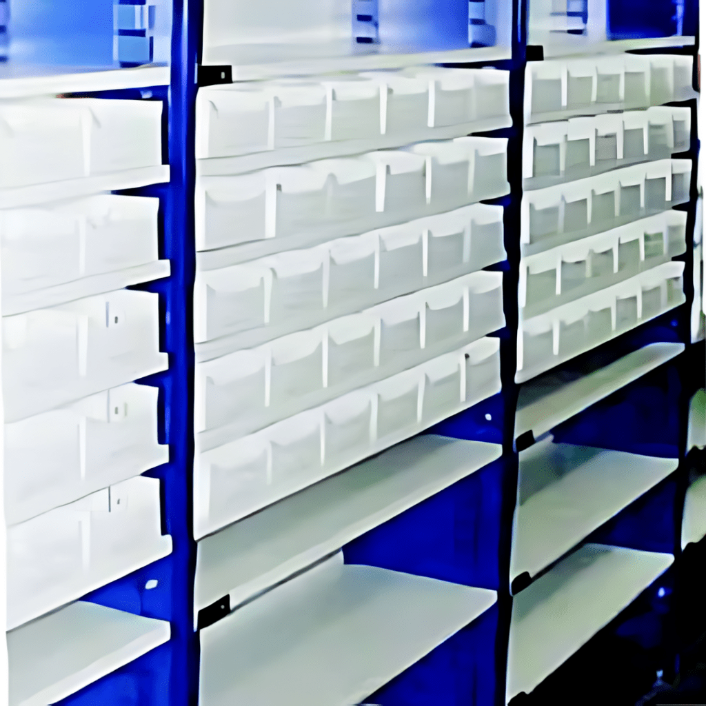 Rows of white Borroughs Flexi-Bins are mounted on blue shelving units. The bins vary in size, stacked in columns to create a grid-like appearance perfect for organizing or storing small items. The lighting is bright and even, showcasing the systems neat efficiency.