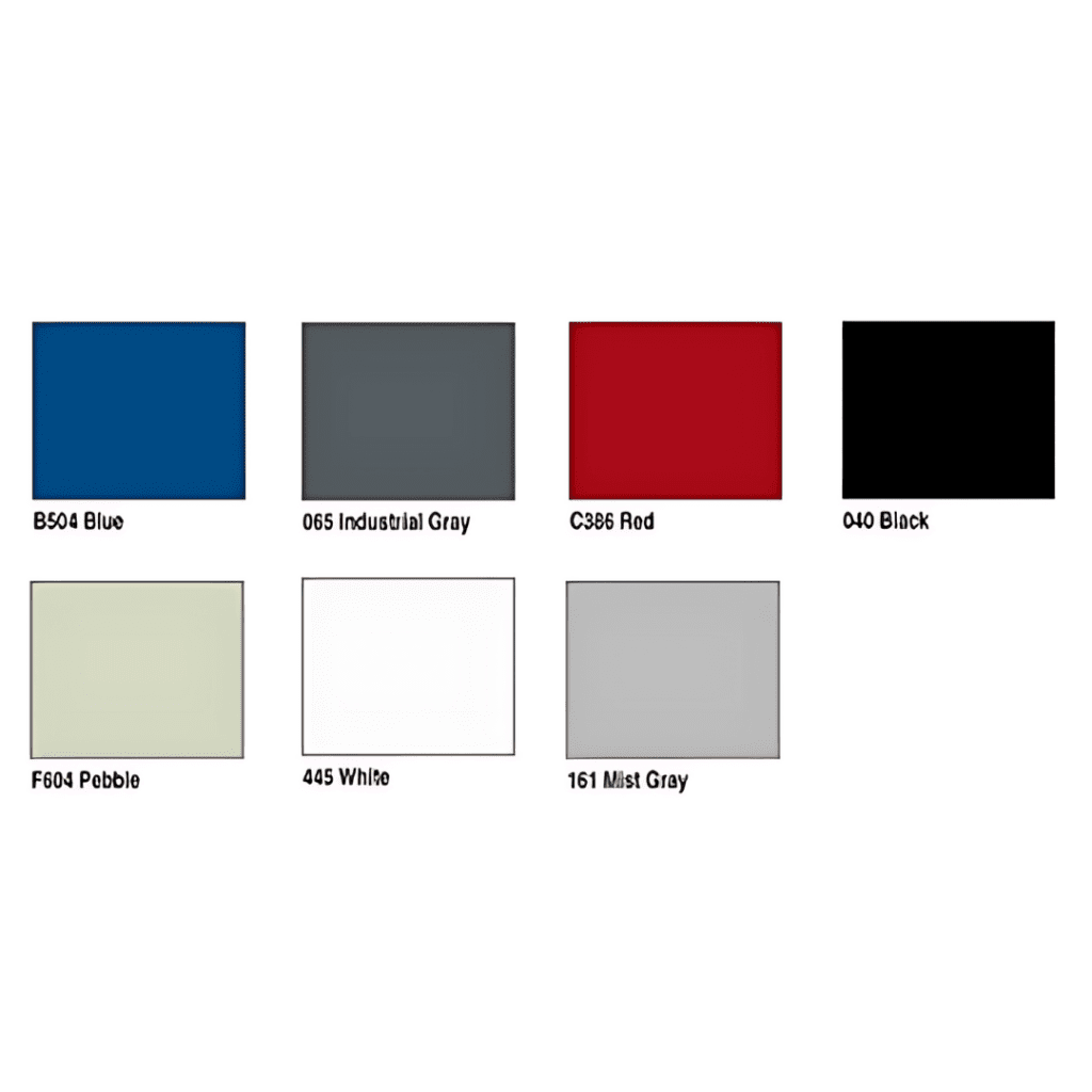 A Borroughs Flexi-Bins color chart features seven squares with labels: B504 Blue, 065 Industrial Gray, C386 Red, 040 Black, F604 Pebble, 495 White, and 161 Mist Gray. Each showcases a different solid color for versatile organization.