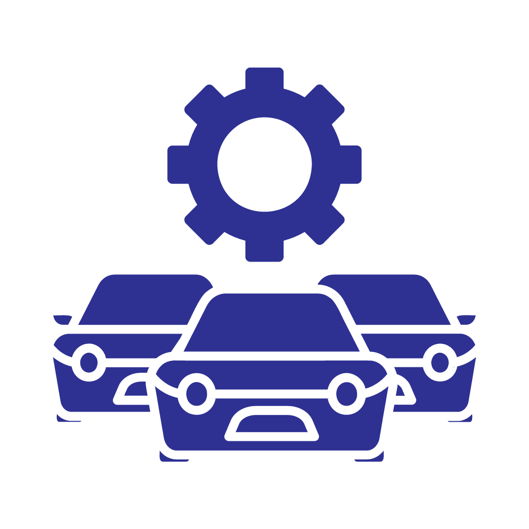 Three blue car icons are arranged in a triangular formation, crowned by a large blue gear symbol, evoking themes of automotive services and automated tire storage technology. The backdrop is a crisp white, enhancing the modern and efficient vibe.