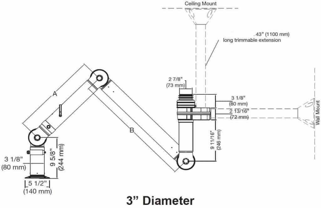 A technical diagram of an adjustable arm with dimensions illustrates a 3-inch diameter base and measurements for both wall and ceiling mounts, featuring corrosion resistance. Section A and B are detailed with lengths of 5 1/2 and 9 5/8. Includes extension, trimming, and adjustable airflow details.