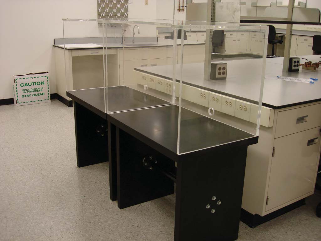 Laboratory with stainless steel and black work surfaces, casework and a fume hood