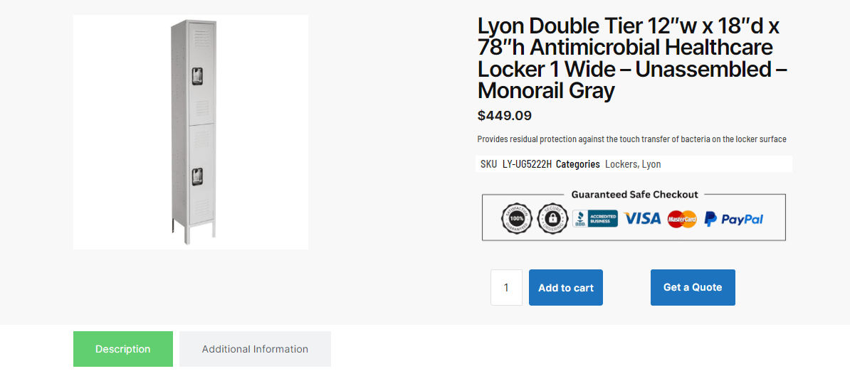 Gray metal locker with double tiers, measuring 12x18x78, designed for healthcare environments. Part of our antimicrobial series, priced at $449.09. Payment options: Visa, Mastercard, Discover, PayPal. Buttons for Add to cart and Get a Quote are visible.