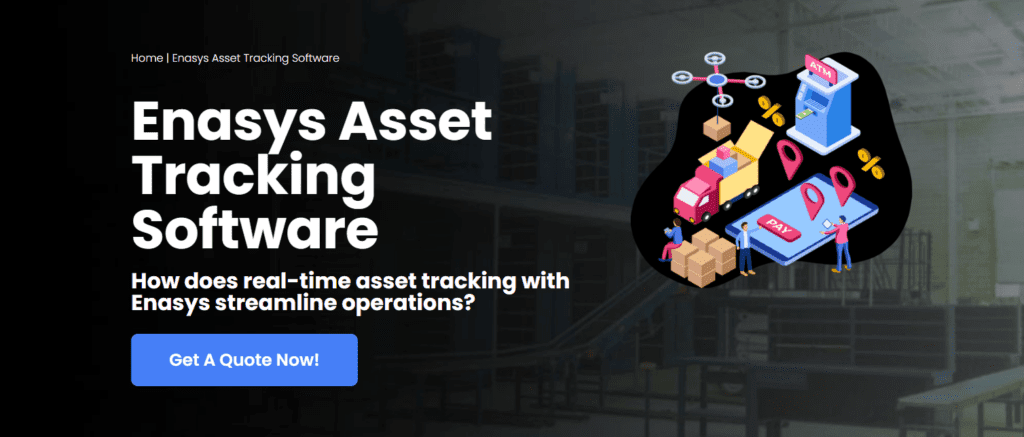 Promotional banner for Enasys Asset Tracking Software features an illustration of a phone with icons such as location pins and a delivery truck. Discover real-time asset tracking benefits alongside material handling products by brand. Click Get A Quote Now! to learn more.