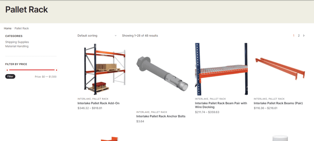 A webpage featuring premier material handling products by brand, showcasing pallet rack items for sale. Includes images of rack add-ons, anchor bolts, beam pairs with wire decking. A price range filter graces the left side, while sorting and viewing options crown the top.
