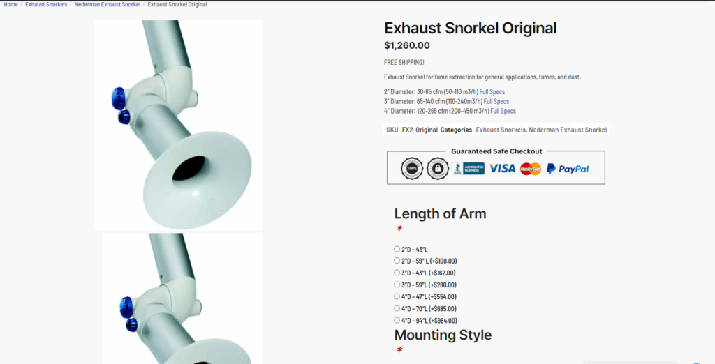 Image showcasing a premium exhaust snorkel product listing. Features two vertical images, detailed descriptions, and a price of $1,260. Convenient payment options include Visa, MasterCard, and PayPal. Explore length of arm and mounting style options for optimal material handling efficiency by brand.
