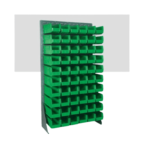 A green storage bin rack with multiple small compartments is mounted on a metallic frame. The bins are arranged in five columns and twelve rows, designed for organizing and storing small items or tools.