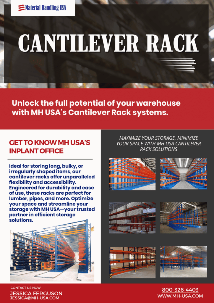 Discover Material Handling USAs cantilever rack systems with stunning visuals in our Material Handling Literature Gallery. Featuring blue and orange warehouse storage racks, learn how to maximize your storage space. Contact us today and Unlock the full potential of your warehouse.