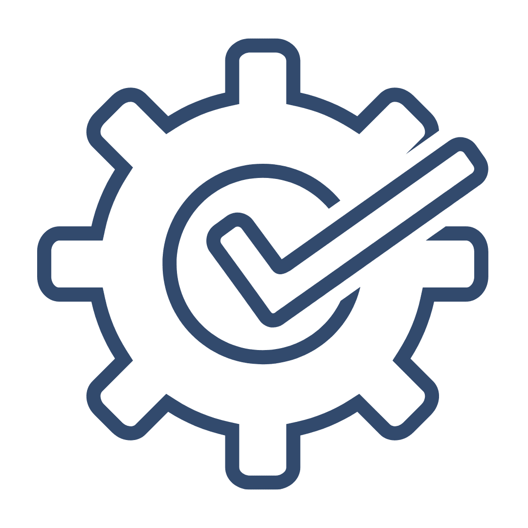 A blue gear icon with a white check mark symbolizes completion and high security solutions. The bold check mark, prominently displayed within the gear, conveys a sense of an approved or secure process.