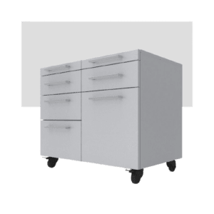 White office cabinet with six drawers and four caster wheels.