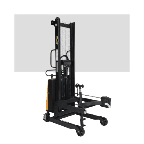 Manual pallet stacker featuring a black metal frame, wheels, and adjustable fork arms, designed for lifting and moving pallets in a warehouse or industrial setting.