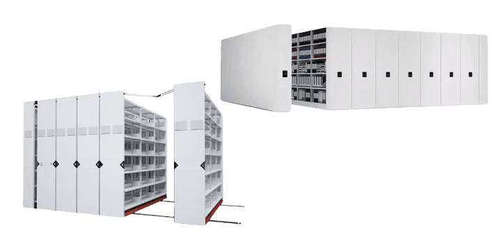 Two white movable shelving units on a track system exhibit sleek, modern design with black handles. The left unit is partially open, revealing multiple shelves with stored items, offering a glimpse into thoughtful mobile shelving options for efficient organization.