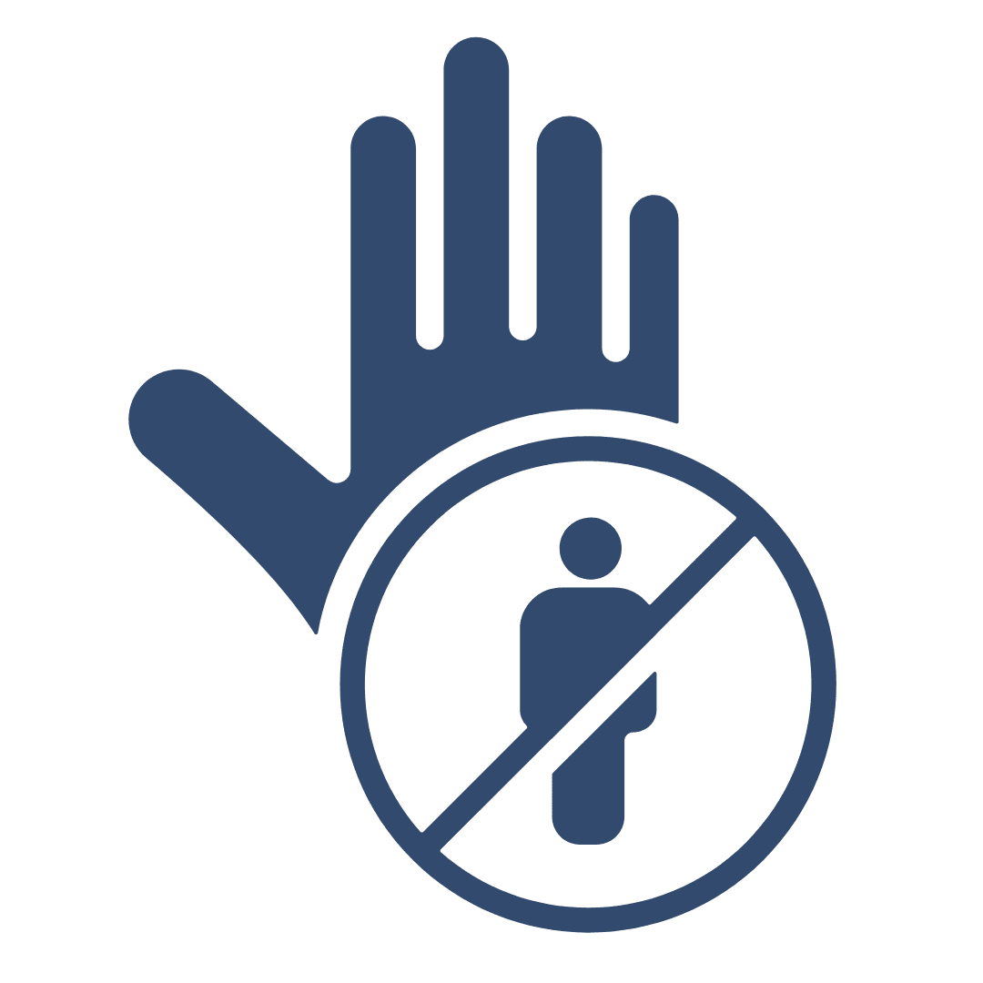 Icon of a raised hand behind a circle with a diagonal line crossing a person symbol, signifying stop or no entry. This design in dark blue on a white background represents high security solutions.