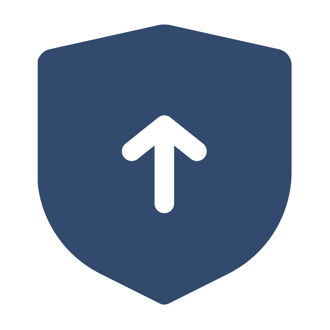A blue shield icon with a white upward arrow in the center symbolizes high security solutions.