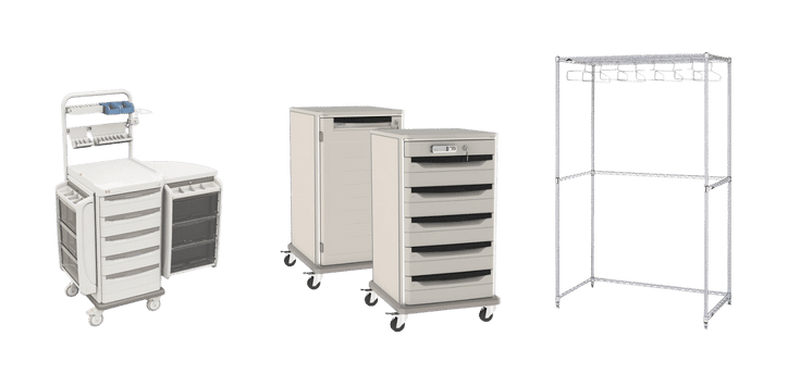 Three types of medical carts are available: a multi-drawer unit with handles, a compact cart with drawers and metal frame, and a metal rack stand. All have wheels for mobility and are adaptable for use in Environmental Chamber Storage Solutions.