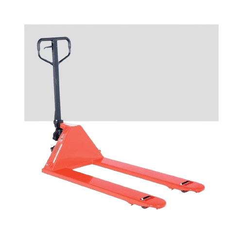 A red manual pallet jack with a black handle is placed on a plain background. The jack has two parallel forks designed for lifting and moving pallets.