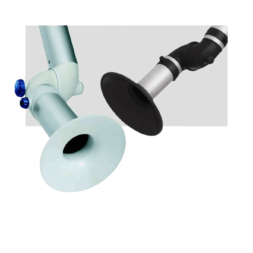 Two industrial extraction arms with flexible joints and round nozzles are shown against a plain background. One nozzle is white, and the other is black. These arms are used for removing fumes or airborne particles in workspaces.