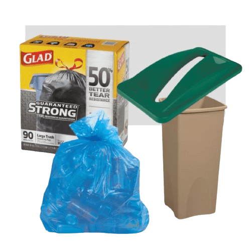 Box of Glad trash bags, a blue trash bag, and a beige trash can with a green swing lid. The box highlights Guaranteed Strong and 50% Better Tear Resistance, containing 90 large trash bags.