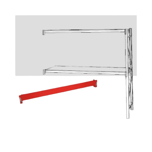 Illustration of a wall-mounted shelving bracket with two shelves in black and white. A separate red shelf or bracket lies diagonally below the unit. The background is plain.