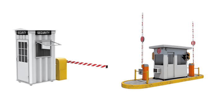 Two security guard booths with barriers: the left one is white with a red and white striped barrier; the right is a gray booth on an island platform, featuring a similar barrier and traffic lights.