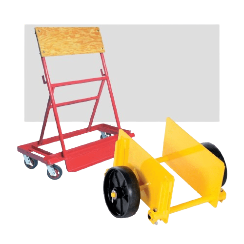 Two hand trucks: one red with a wooden panel, four wheels, and collapsible frame; the other yellow with two large black wheels and a flat base. Both against a plain background.