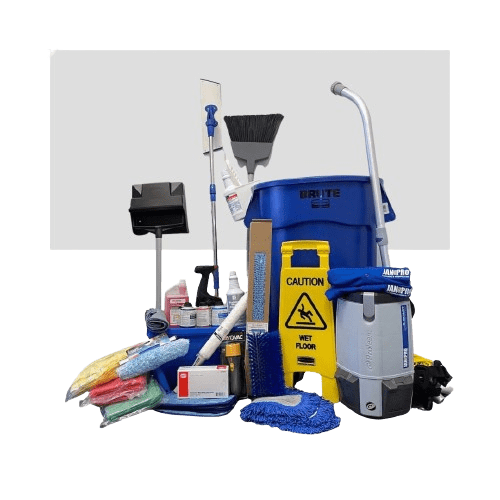 A collection of cleaning supplies, including a large blue bucket, mop, broom, caution sign, cleaning sprays, sponges, and microfiber cloths. The items are arranged neatly, representing a comprehensive cleaning kit.