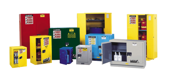Various colored safety cabinets from Justrite are artfully arranged in a group. Designed for storing hazardous materials, each is labeled with warning signs for flammable, corrosive, or toxic substances—ensuring dependable chemical storage.