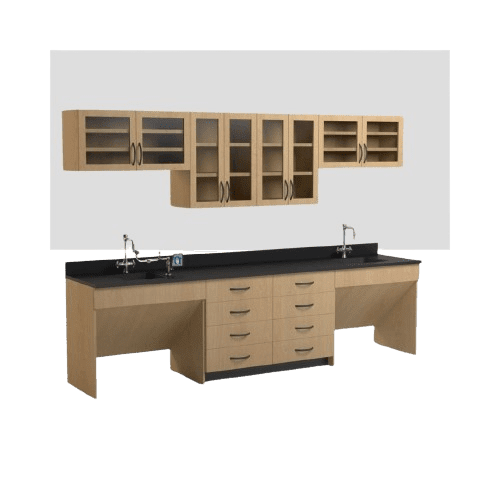 A wooden laboratory setup with a black countertop features multiple storage cabinets. The upper section has glass-fronted cabinets, while the lower section includes drawers and two sinks with faucets on each end.