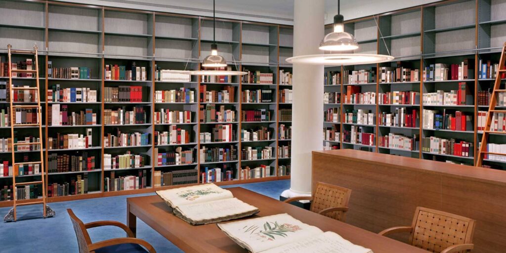 The library room boasts tall, filled bookshelves lining the walls, perfect for capturing stunning library shelving images. A wooden table with open books sits in the foreground, while industrial-style pendant lights hang overhead and ladders rest against the shelves on a blue-carpeted floor.