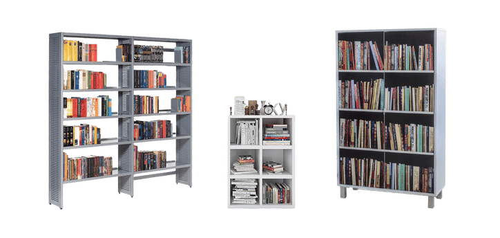 Three bookshelves, reminiscent of library shelving images, display various books and decorative items. The left shelf is wide with colorful books; the middle is a small, white shelf with select pieces; and the right shelf stands tall, boasting several books arranged both vertically and horizontally.